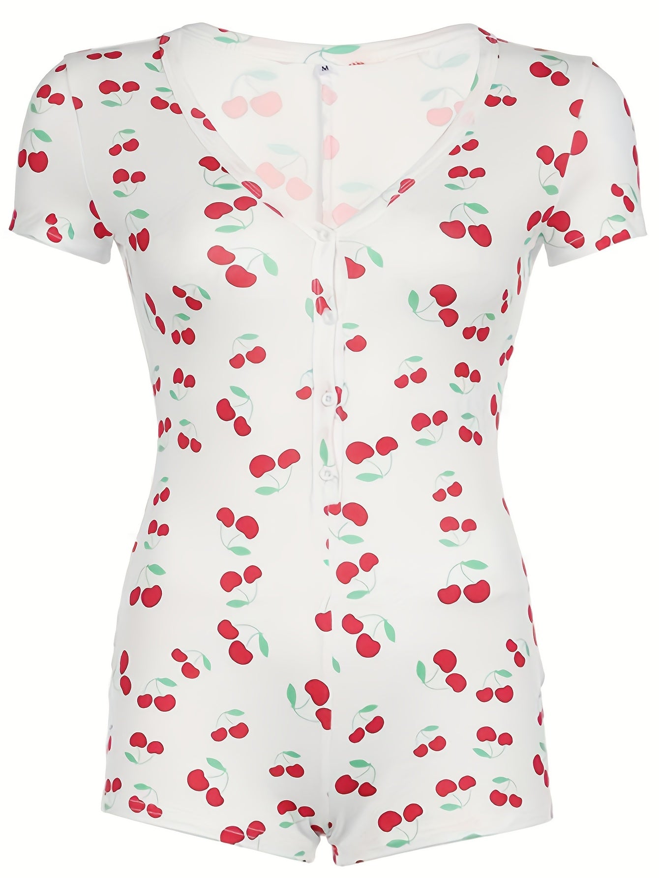 Plus Size Women's Cherry Print V-Neck Bodysuit Short Sleeve Pink Red Green