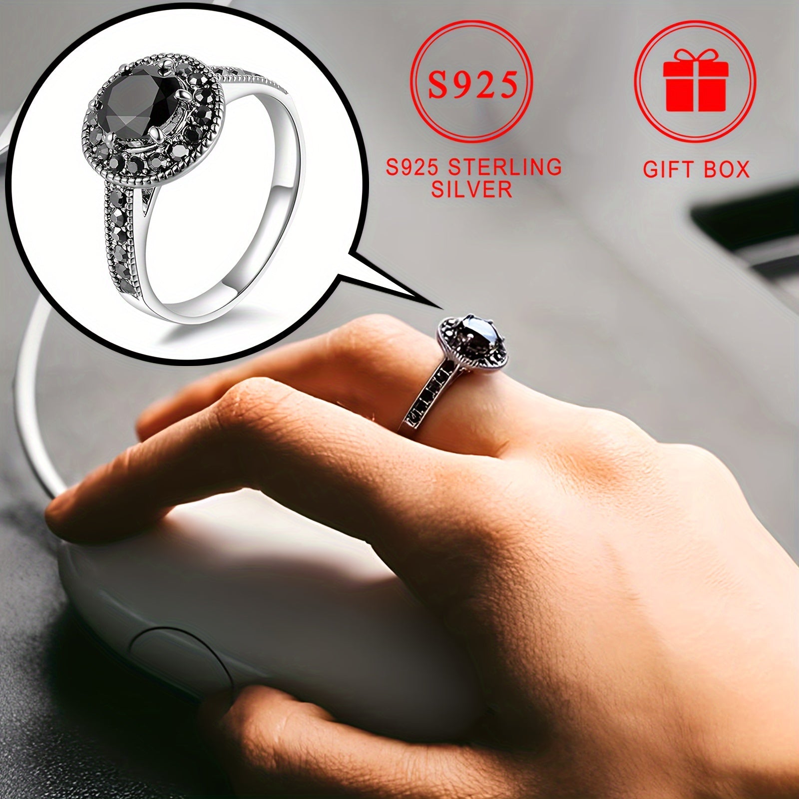 Anillo de plata de ley con zirconia cúbica negra para mujer, joyería elegante, regalo