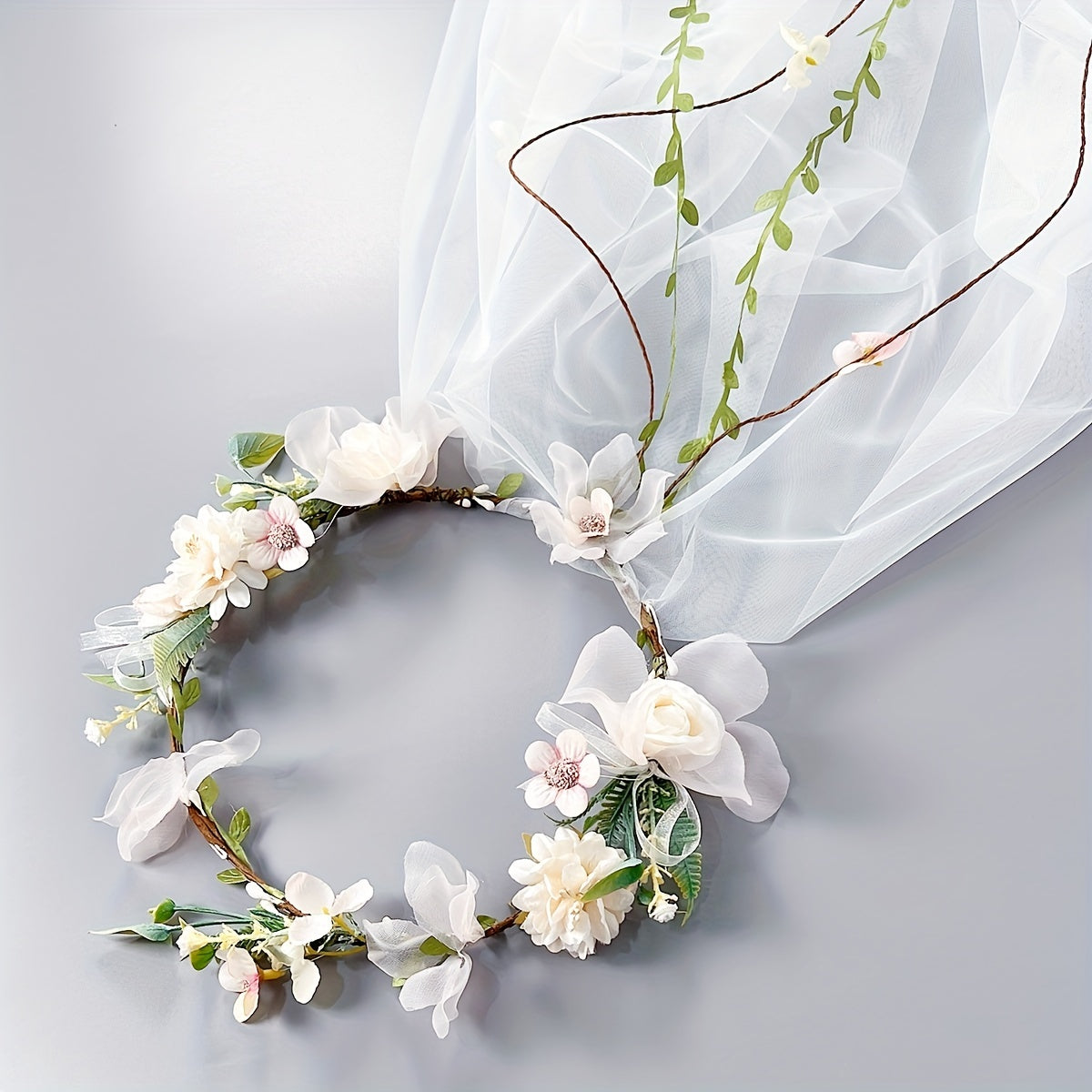 Bridal Wedding Hair Accessory Flower Headband with Double-Layer Veil Wreath Headpiece