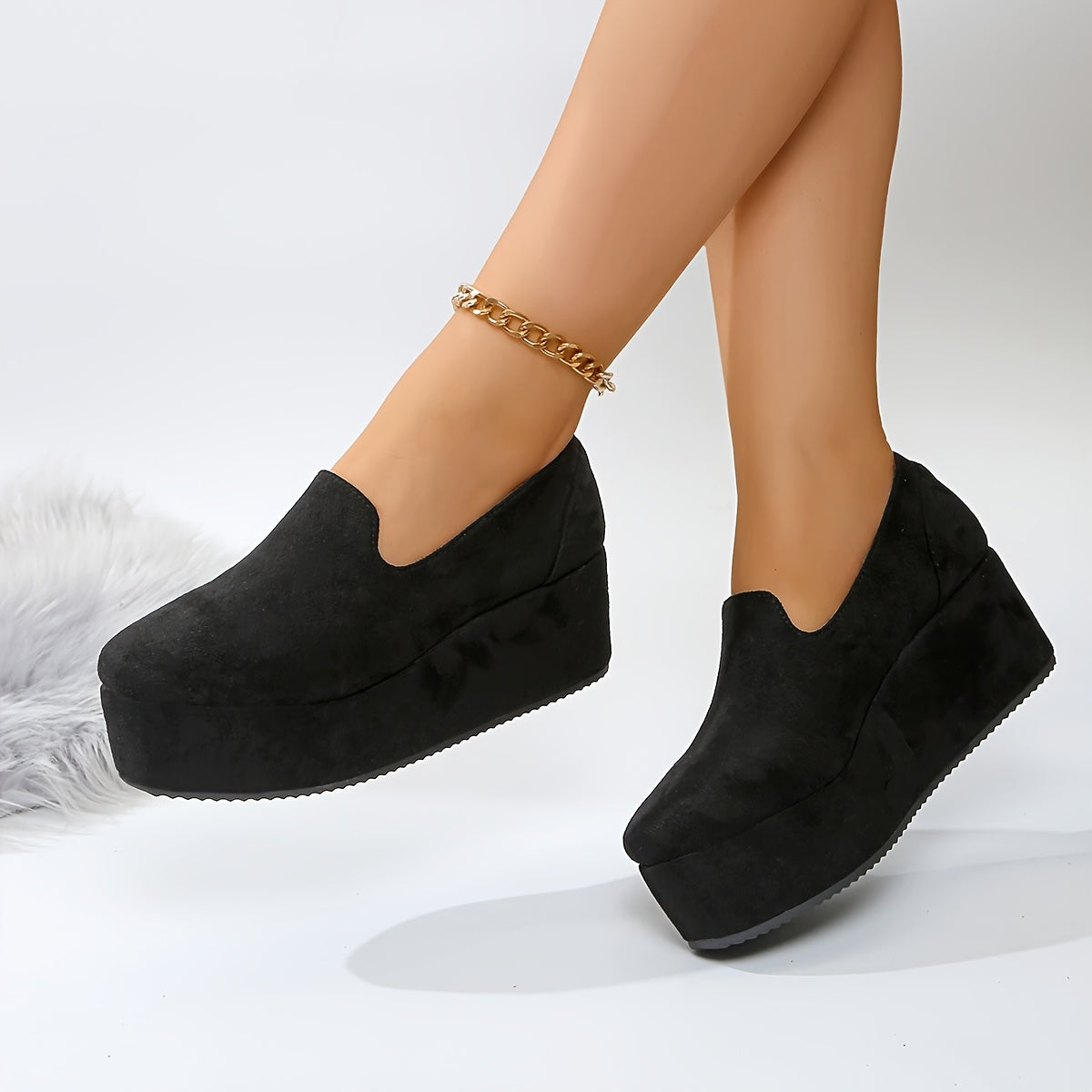 Women's Slip-On Platform Sneakers Soft Fabric Upper Black Casual Footwear