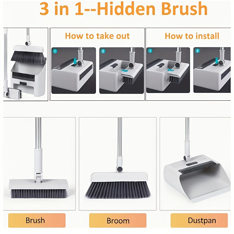 3-in-1 Foldable Broom and Dustpan Set with Unflagged Bristle Sweep Brush for Multi-Surface Cleaning