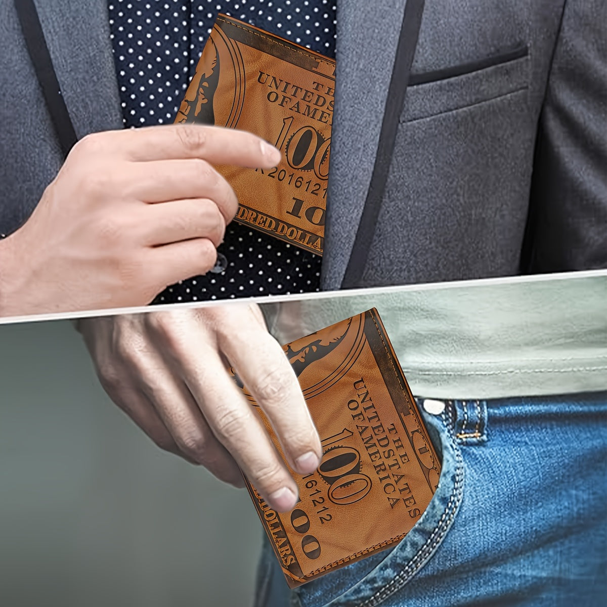 Vintage Faux Leather Wallet with $100 Bill Design, Multi-Card Slots, Black Short Double-Fold