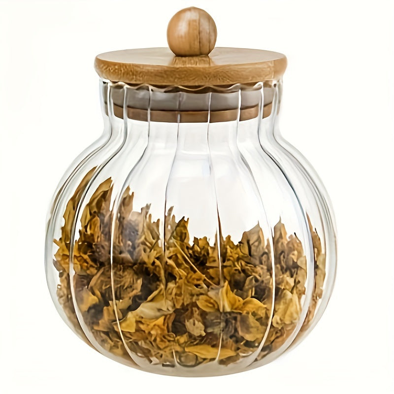 Glass Storage Jar With Bamboo Lid, Striped, for Tea Snacks and Seasonings