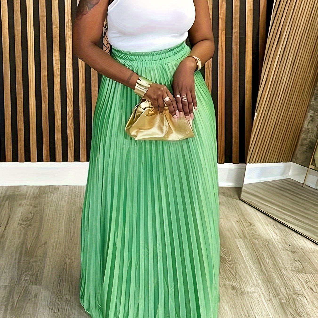 Plus Size Pleated Skirt Elastic Waist Long Skirt For Spring Summer