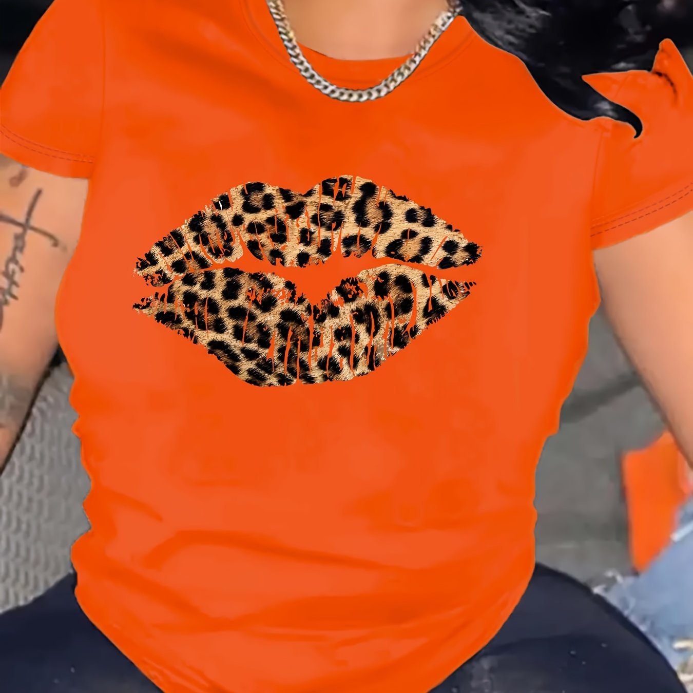 Women's Leopard Lip Print Crew Neck T-Shirt Casual Summer Spring Polyester