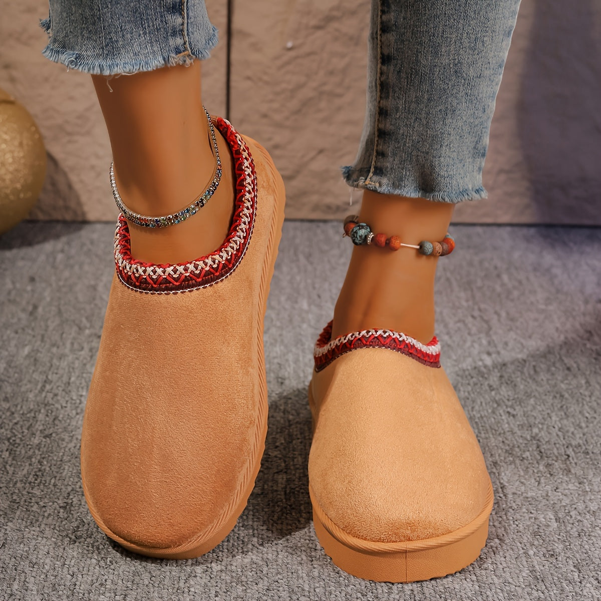 Women's Flannel Ankle Booties Casual Slip-on Round Toe Flat Heel Loafers