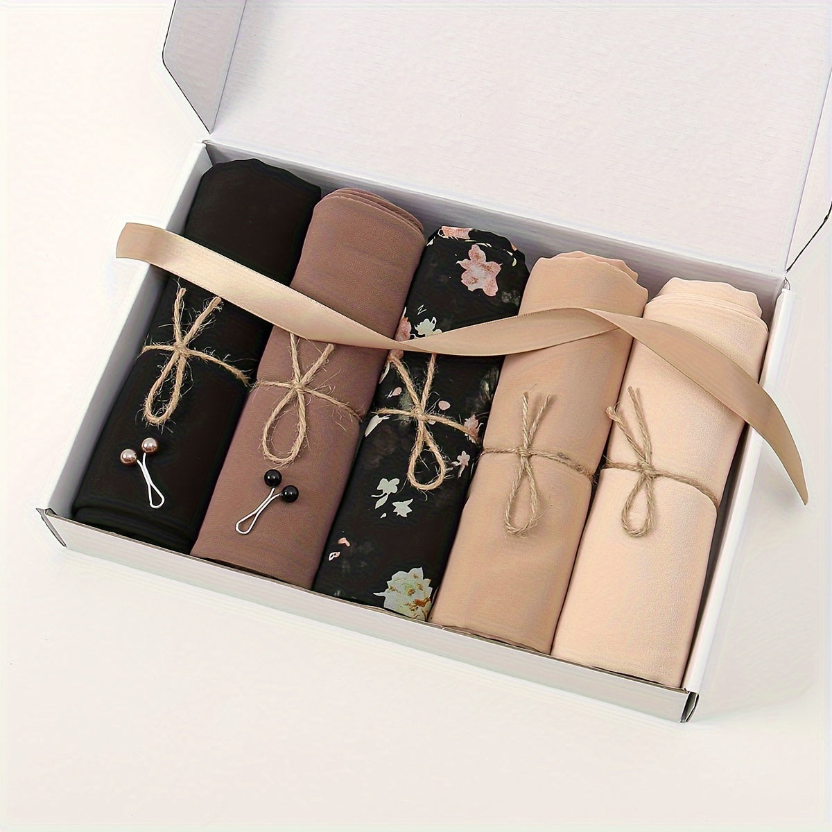 Set of 5 Elegant Chiffon Hijabs with Faux Pearl Pins for Valentine's and Mother's Day
