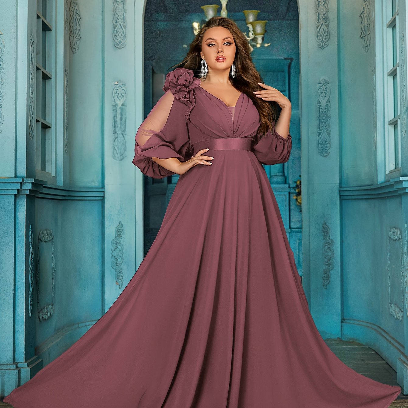 Maroon Maxi Dress for Plus Size V-Neck Lantern Sleeves Pleated Long Casual Semi-Formal
