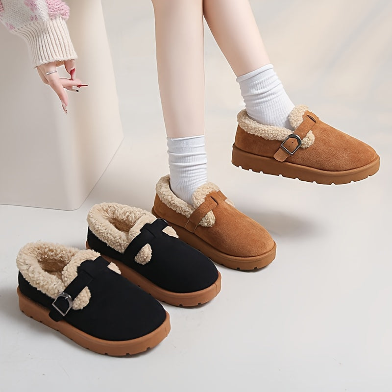 Women's Fleece-Lined Ankle Boots Casual Solid Color Mid Heel Platform Shoes