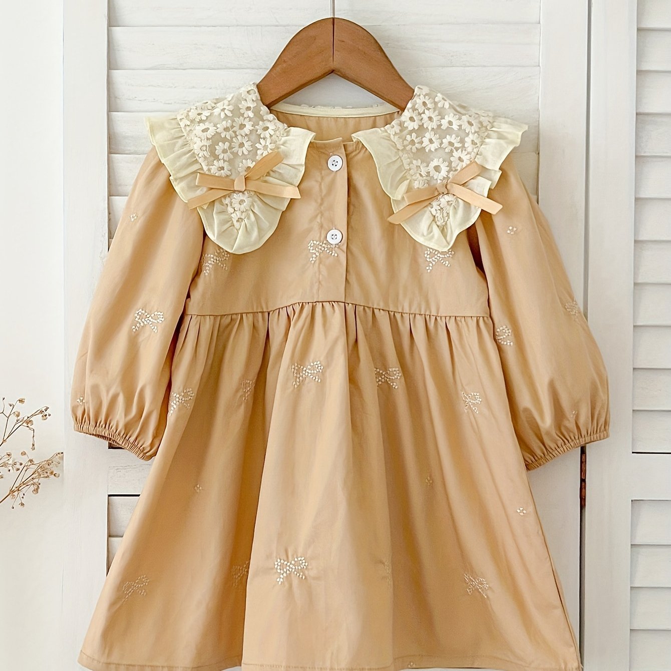 Girls' Navy Blue Cotton Princess Dress with Bow Ruffled Collar and Long Sleeves