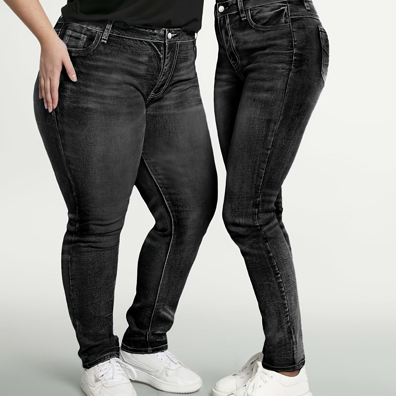 Women's High-Waisted Denim Jeans Oversized Stretch Solid Color All-Season Casual