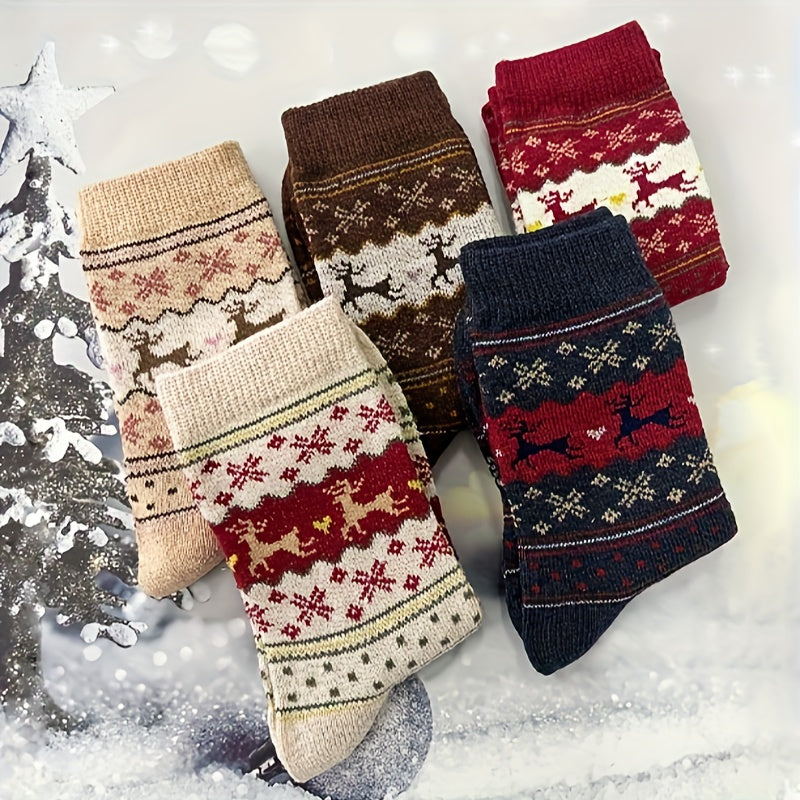 Women's Christmas Reindeer Snowflake Cozy Thick Socks Set of 3 in Mixed Colors