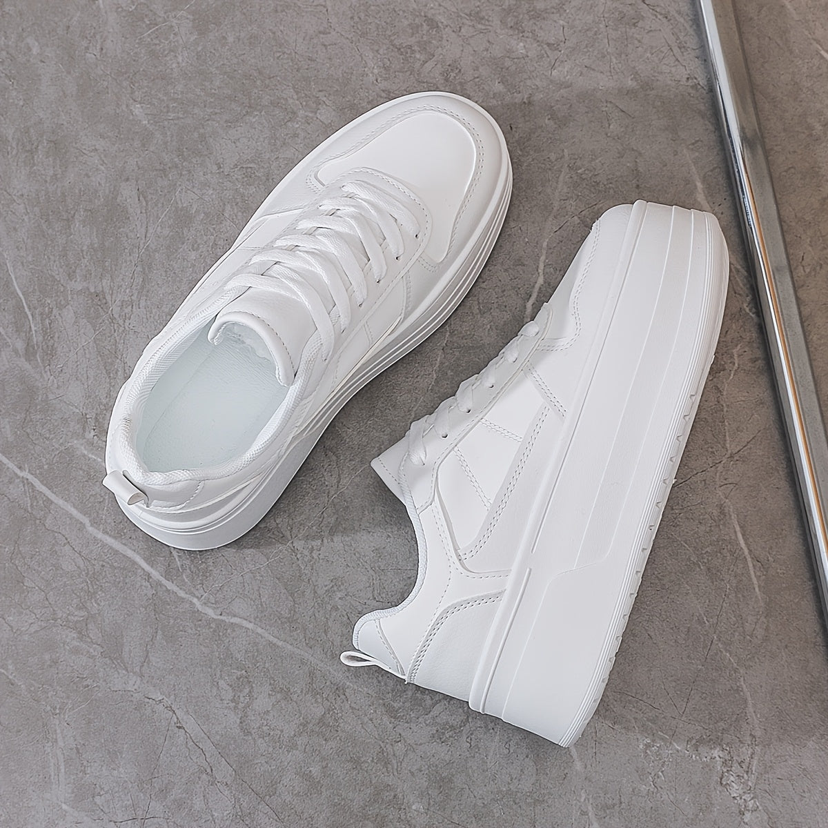 Women's White Platform Sneakers - Lace-Up, Casual Low Top with TPR Sole