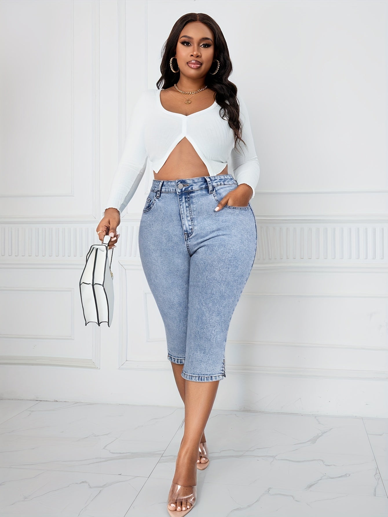 Women's High-Stretch Mid-Thigh Denim Jorts Casual Washed Blue Shorts