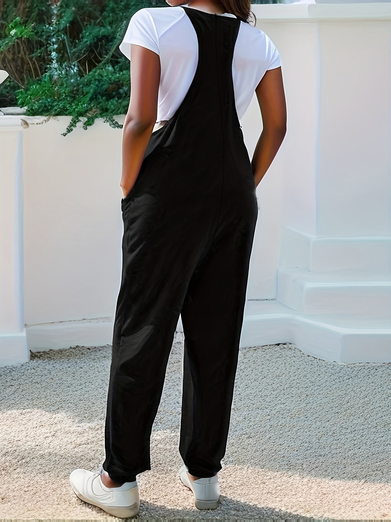 Mono sin mangas de talla grande para mujer con escote en V y bolsillos, ligero y transpirable, de color sólido