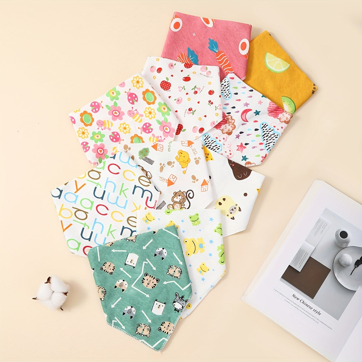 Assorted Colors Triangle Drool Bibs for Kids Set of 3 or 5 with Snap Closure