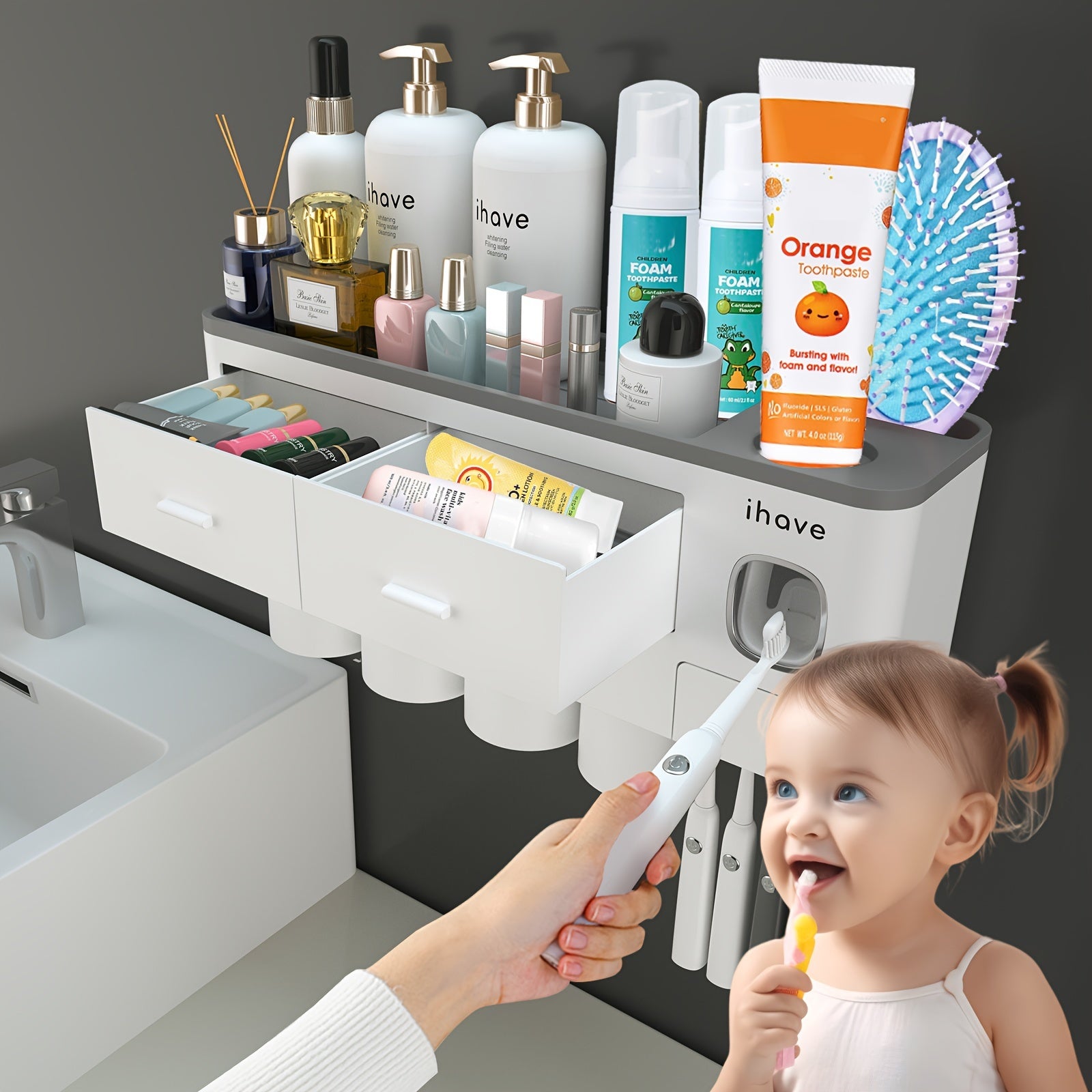 Kids Bathroom Toothbrush Holder with Toothpaste Dispenser Wall Mount White Plastic
