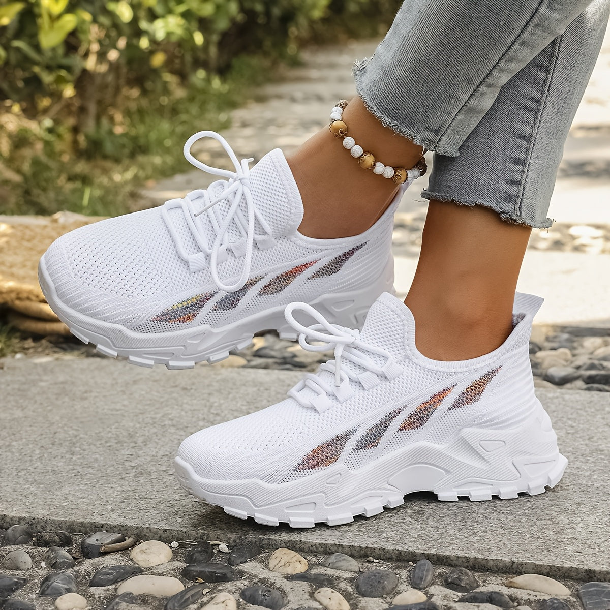 Women’s Breathable Knit Sneaker Casual Low-Top Walking Shoe with Round Toe