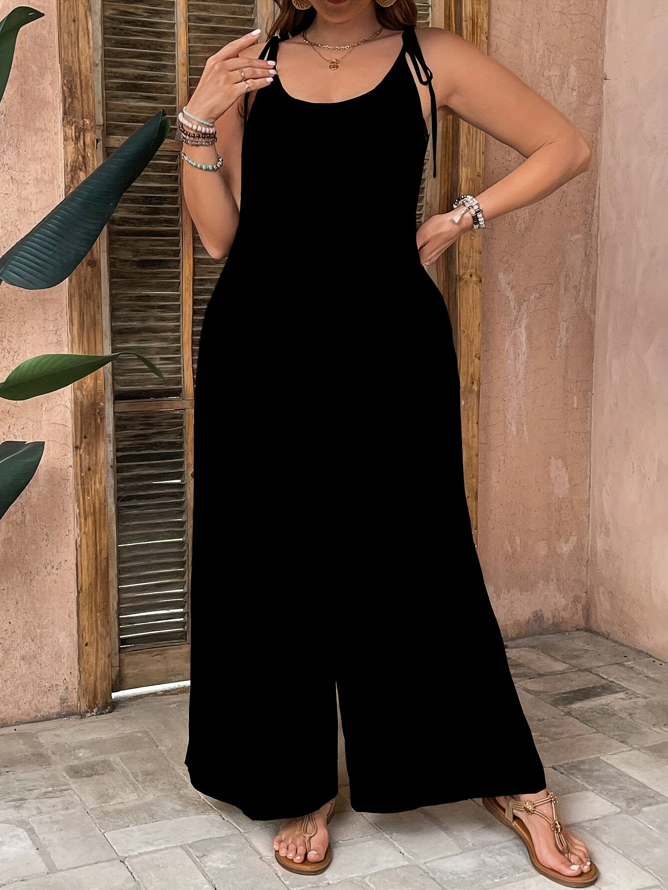 Women's Plus Size Sleeveless Wide-Leg Jumpsuit Polyester Solid Color