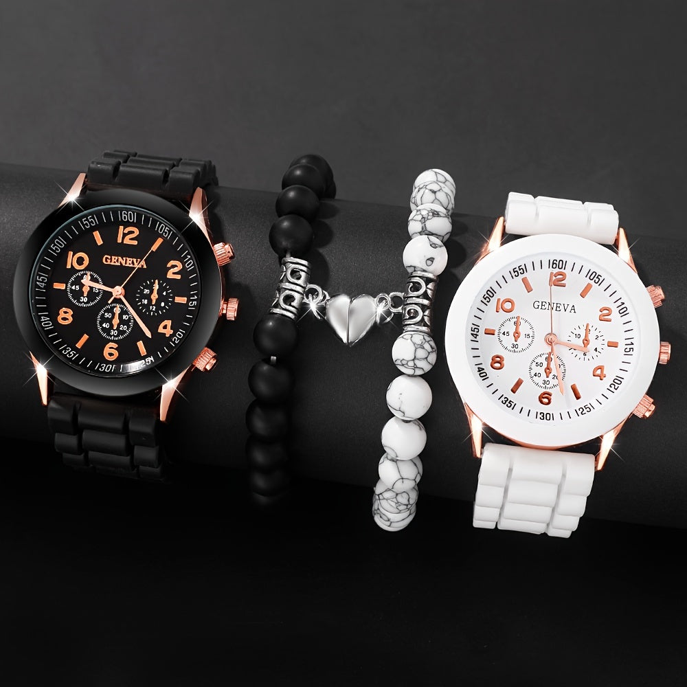 Set of 4 Couples Watches and Bracelets Silicone Bands Quartz Movement Zinc Alloy Cases Gift for Valentine's Day