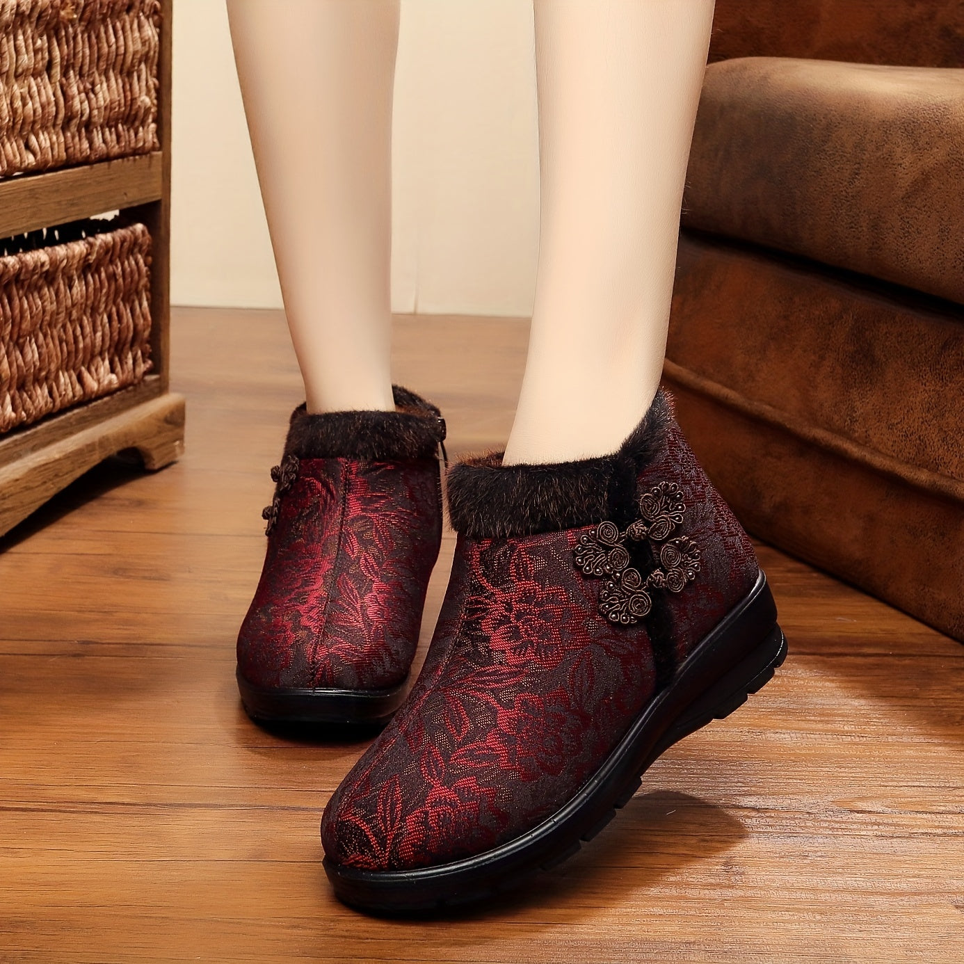 Women's Plush Snow Boots Vintage Flower Non-slip Warm Winter Shoes