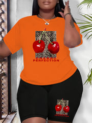 Plus Size Women Cherry Print Casual Outfit Shorts Set Summer Spring Fabric