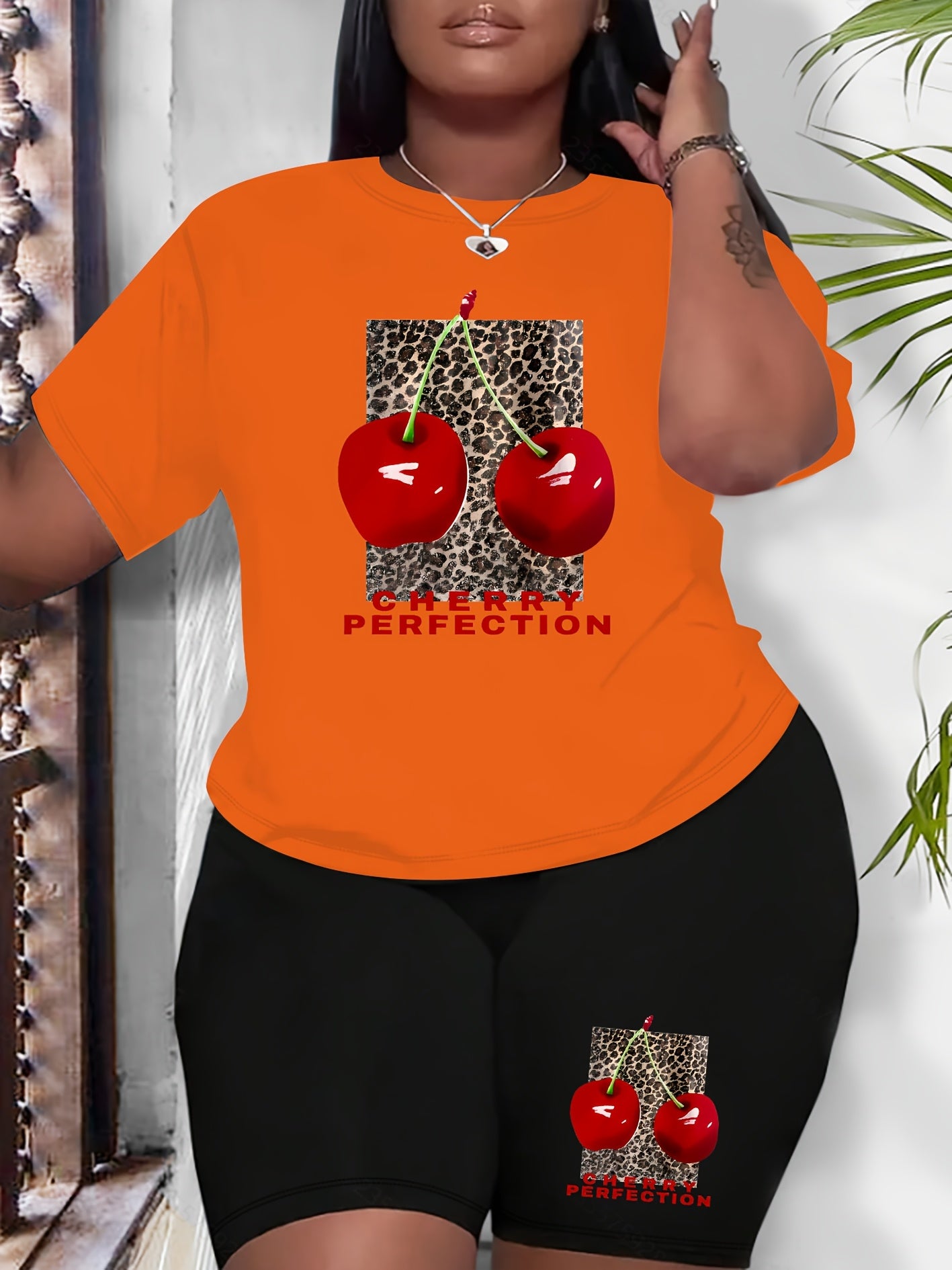 Plus Size Women Cherry Print Casual Outfit Shorts Set Summer Spring Fabric