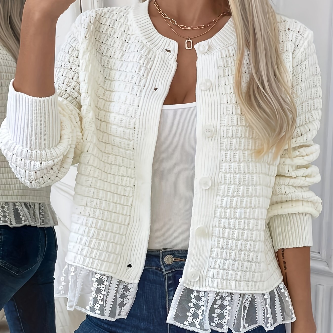 Женский кардиган с кружевной отделкой из шифона, полупрозрачный, с контрастными рукавами и укороченным кроем