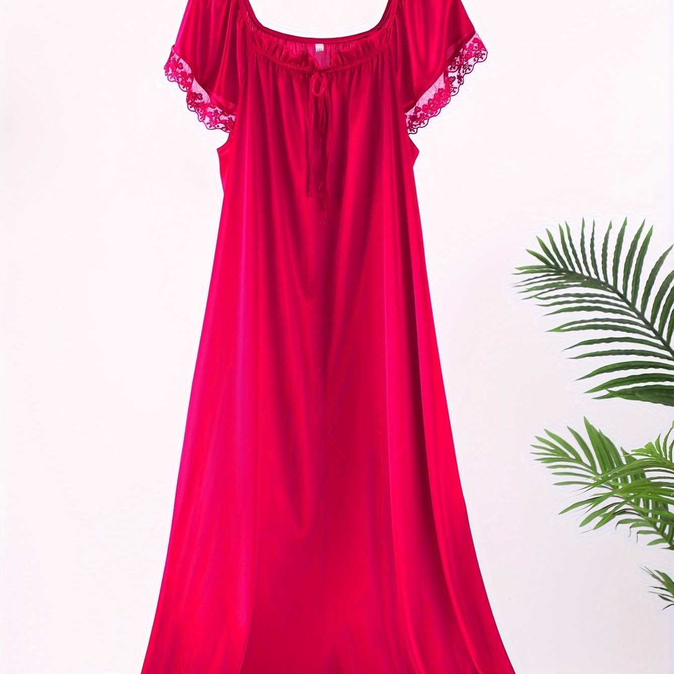 Женская красная полупрозрачная длинная ночная рубашка с кружевной отделкой и бантиками