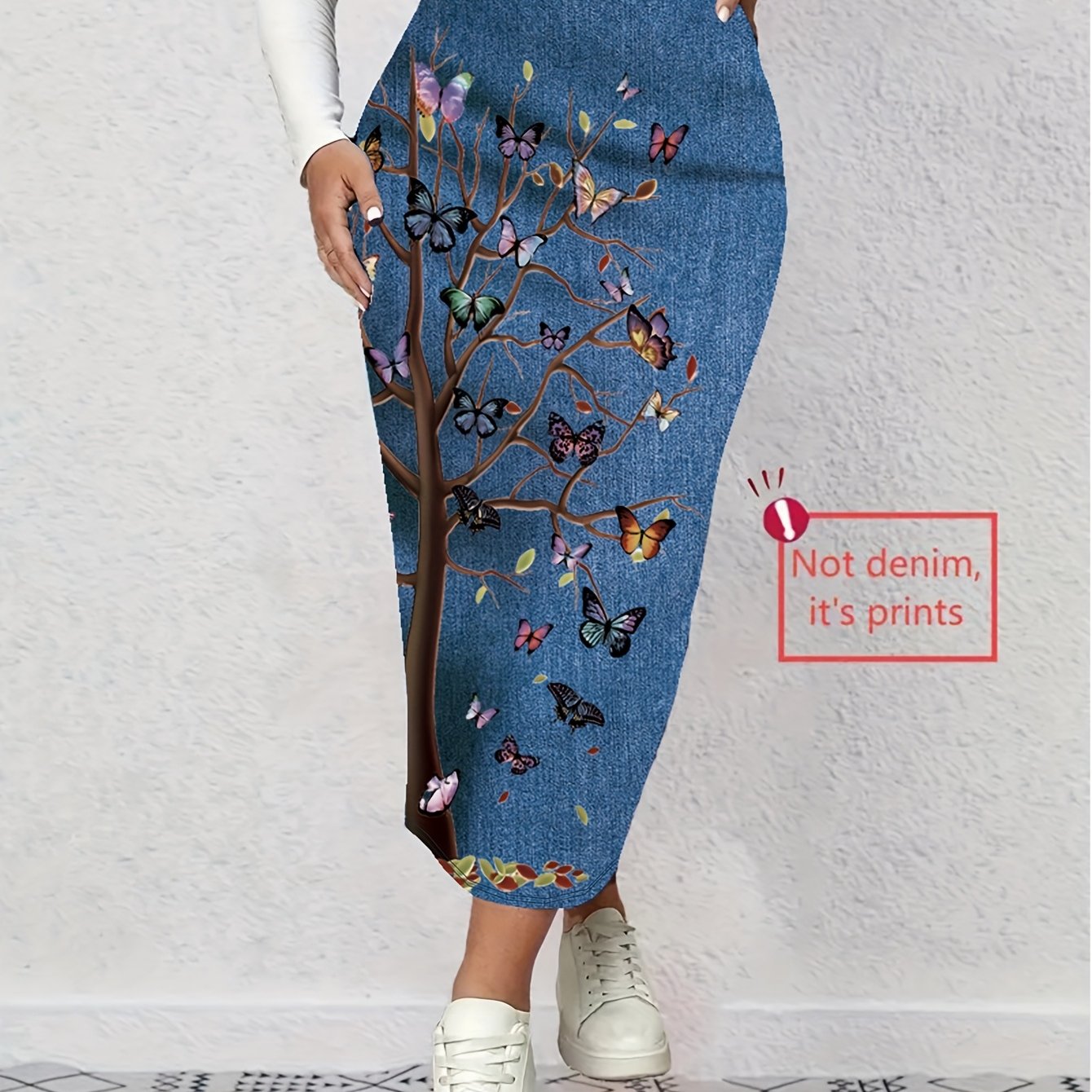 Women's Plus Size Denim Print Butterfly Tree Half Skirt