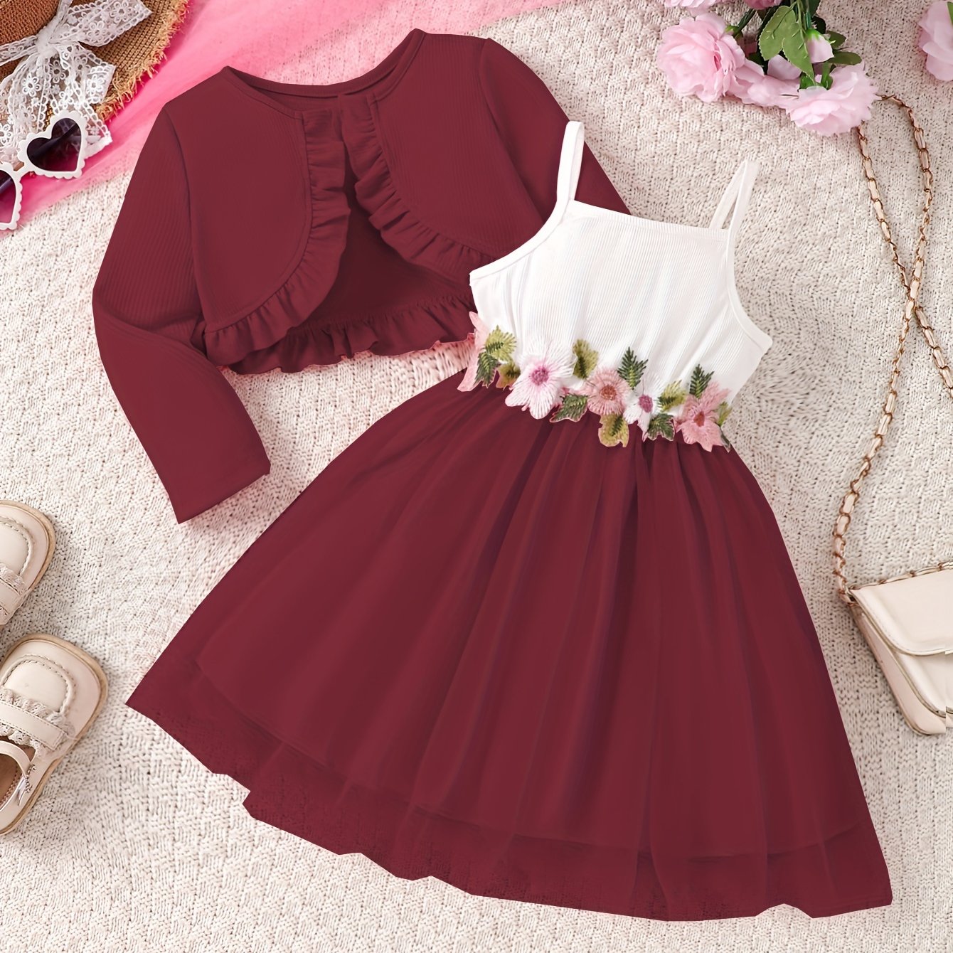 Girls Ruffle Cardigan and Embroidered Mesh Princess Dress Set for Spring Fall