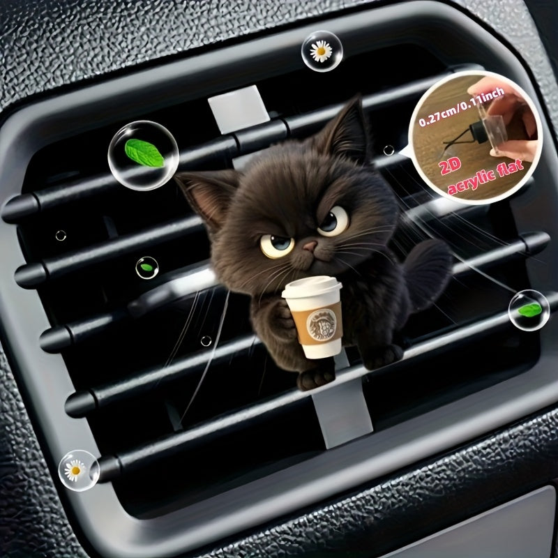 Qora Mushuk Avtomobil Havo Tozalash Vositasi Akril Vent Klipi, 2D Tekis Dizayn, Aromatizatsiyalangan