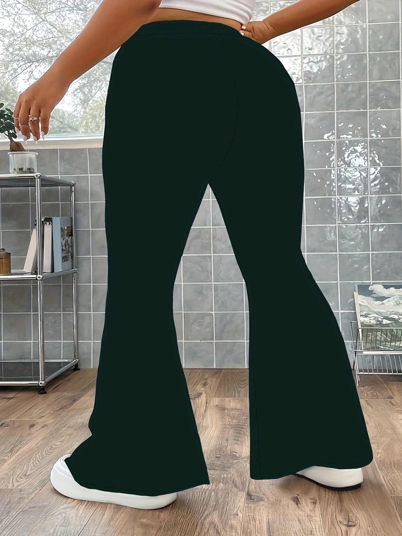 Pantalones de mujer de talla grande con pata ancha y acampanada, pantalones grises con elastano