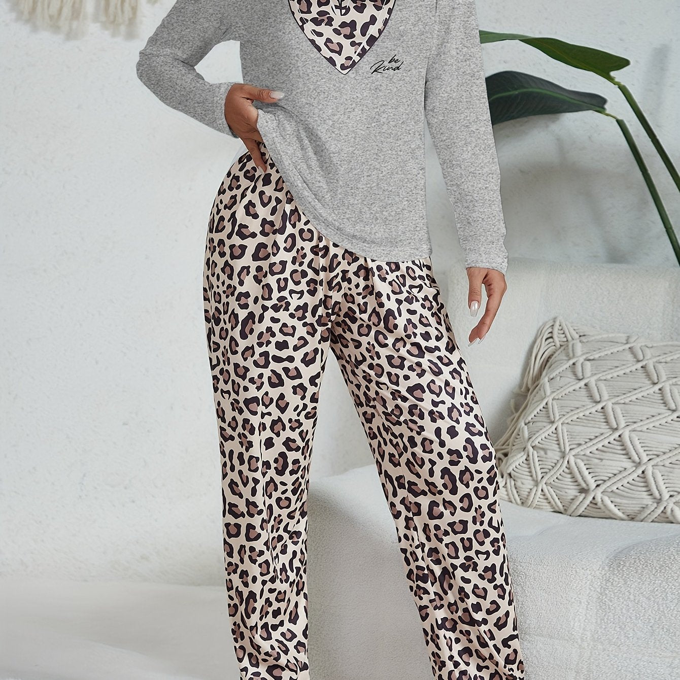 Women's Pajama Set with Long Sleeve Heart Print Top and Leopard Pattern Pants in Polyester