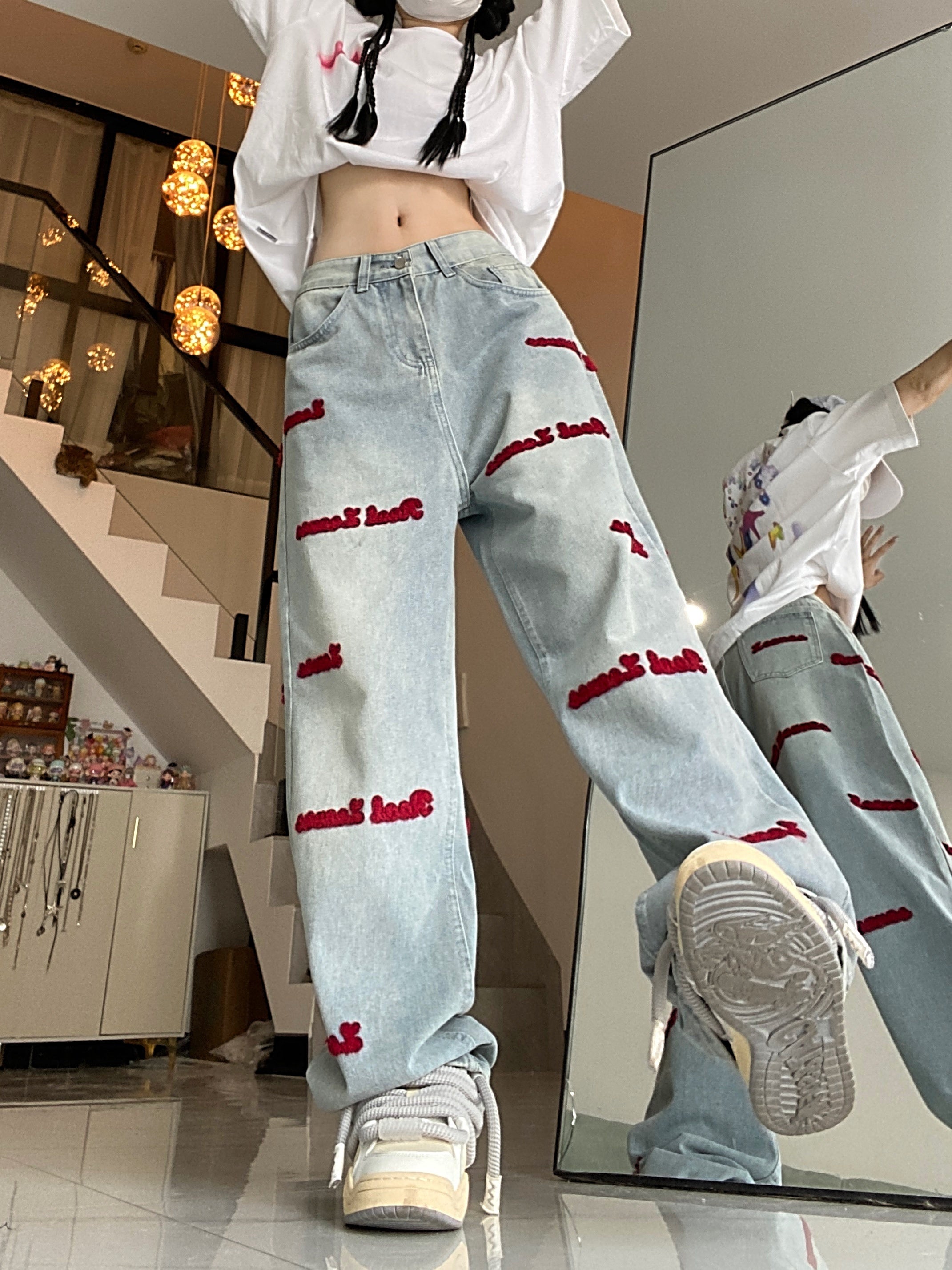Women's Denim Jeans with Red Embroidered Lettering Regular Fit Long Stretch Fabric Casual All-Season