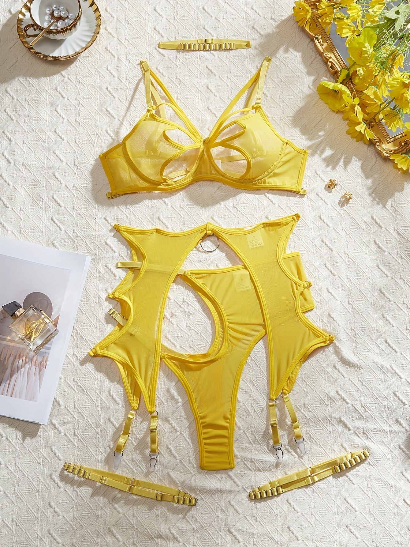 Women's Butterfly Lingerie Set with See-Through Spaghetti Straps and Leg Straps Bra and Panty