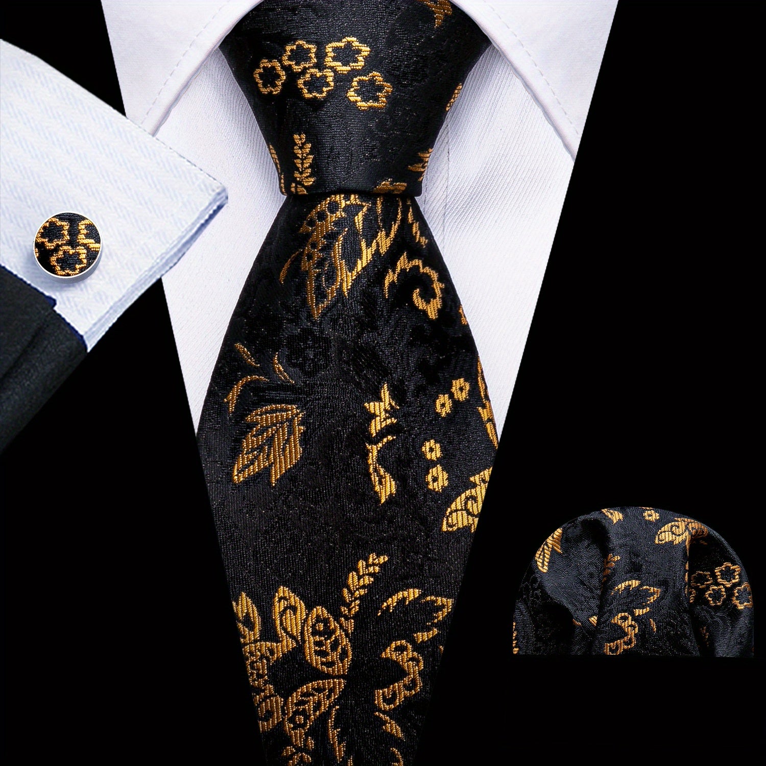 Men's Green Paisley Jacquard Tie Set with Pocket Square and Cufflinks for Weddings and Parties