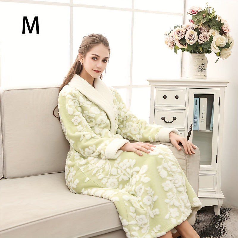 Unisex Thickened Long Bathrobe with Flower Pattern for Home and Bathroom Use