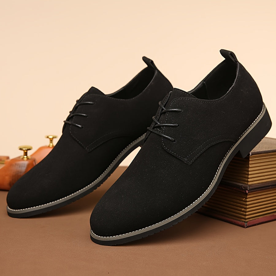 Men's Black Casual Dress Shoes Leather Pointed Toe Lace-Up Rubber Sole