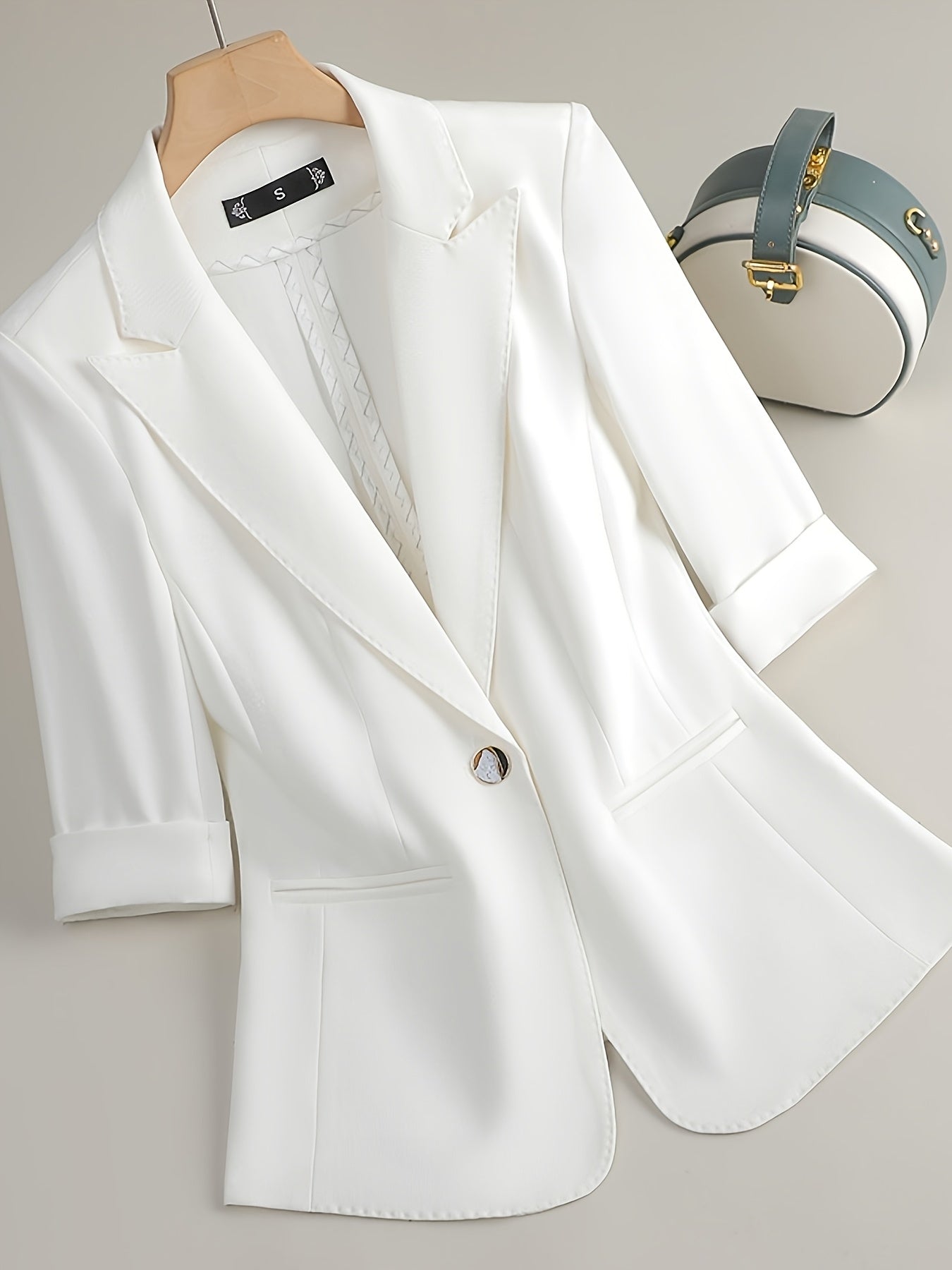 Plus Size Women's White Blazer with Three-Quarter Sleeves Slim Fit All Season