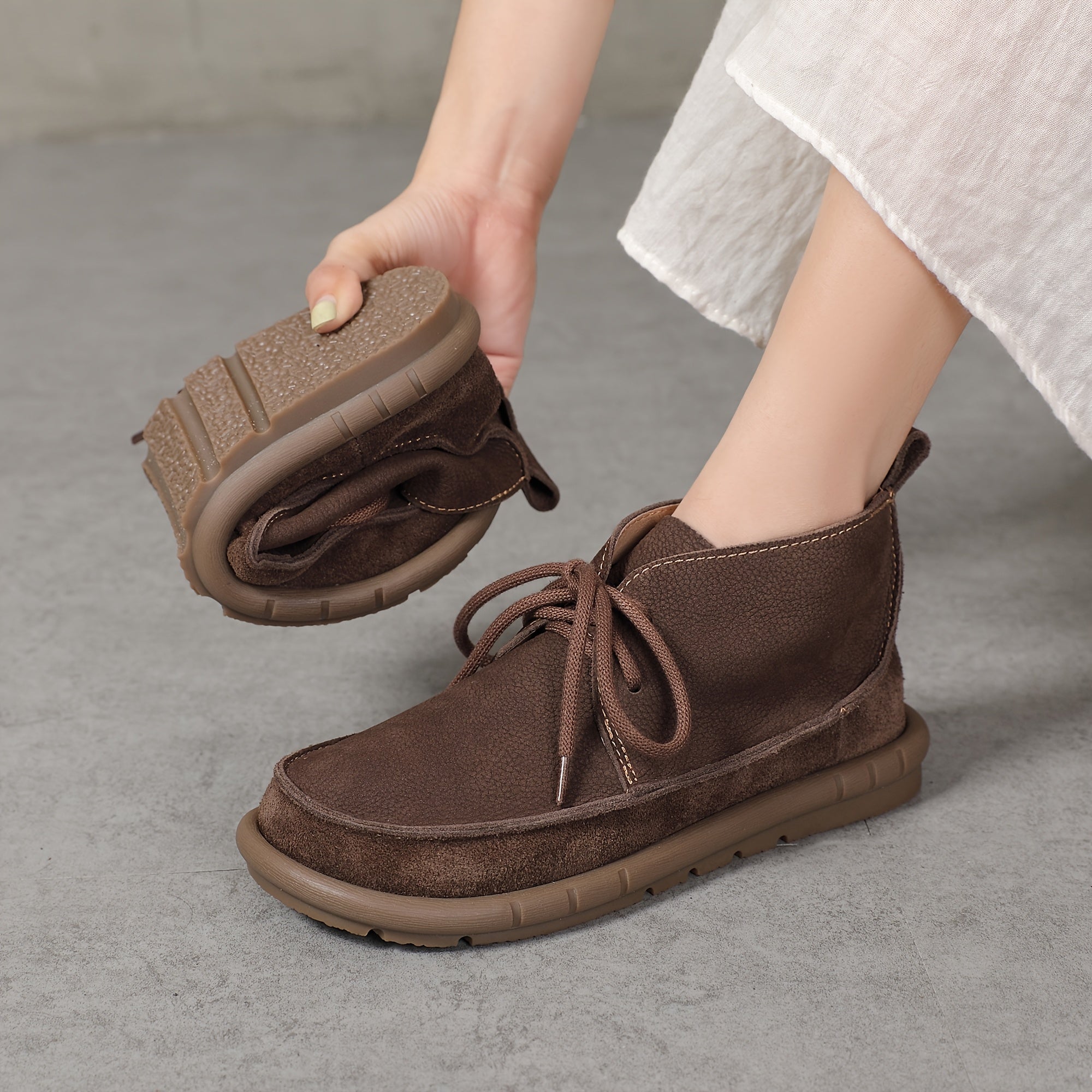 Women Cow Leather Ankle Boots Solid Color Lace-Up Flat Heel All-Season