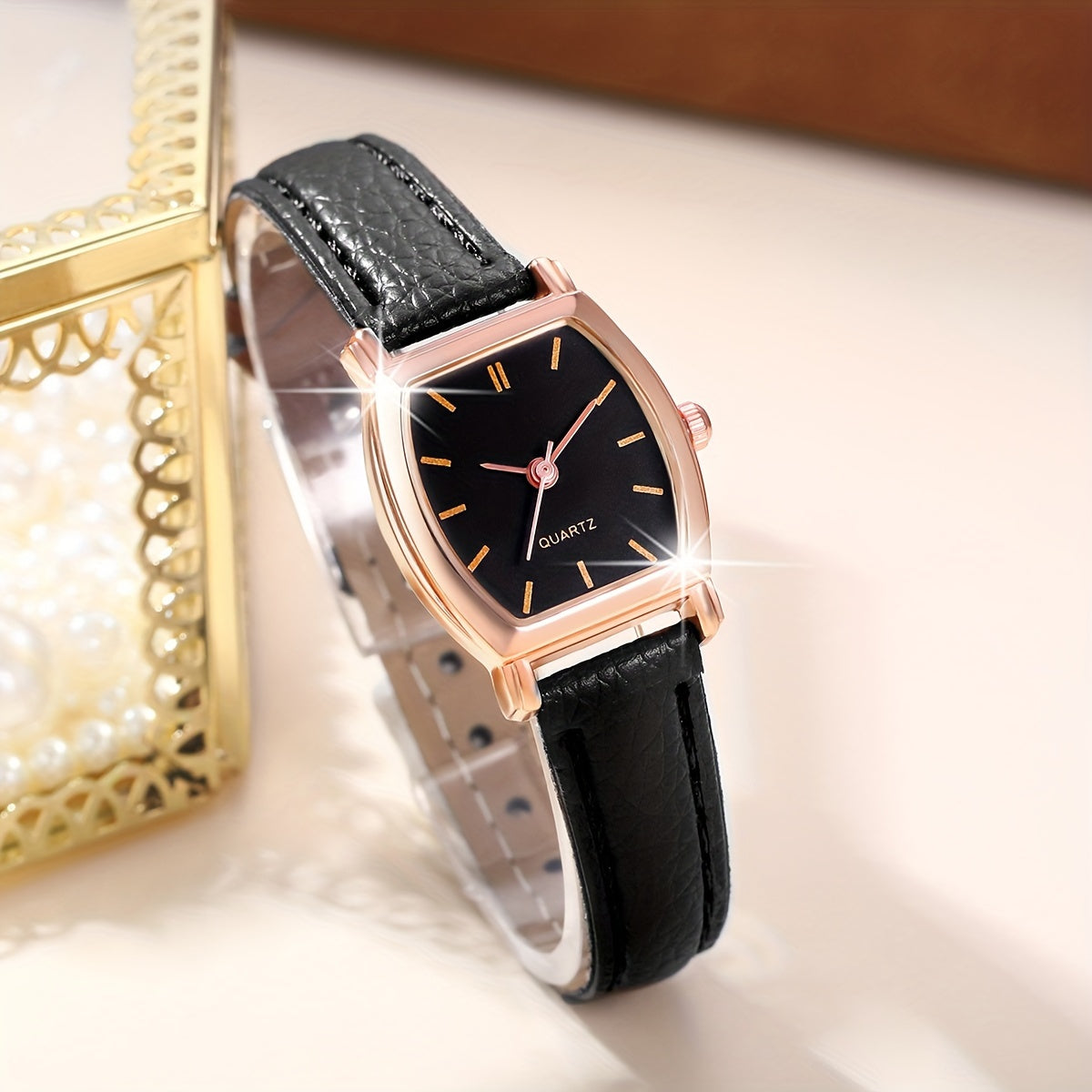 Ladies Watch Set with 5 Quartz Watches Brown PU Straps Jewelry for Women