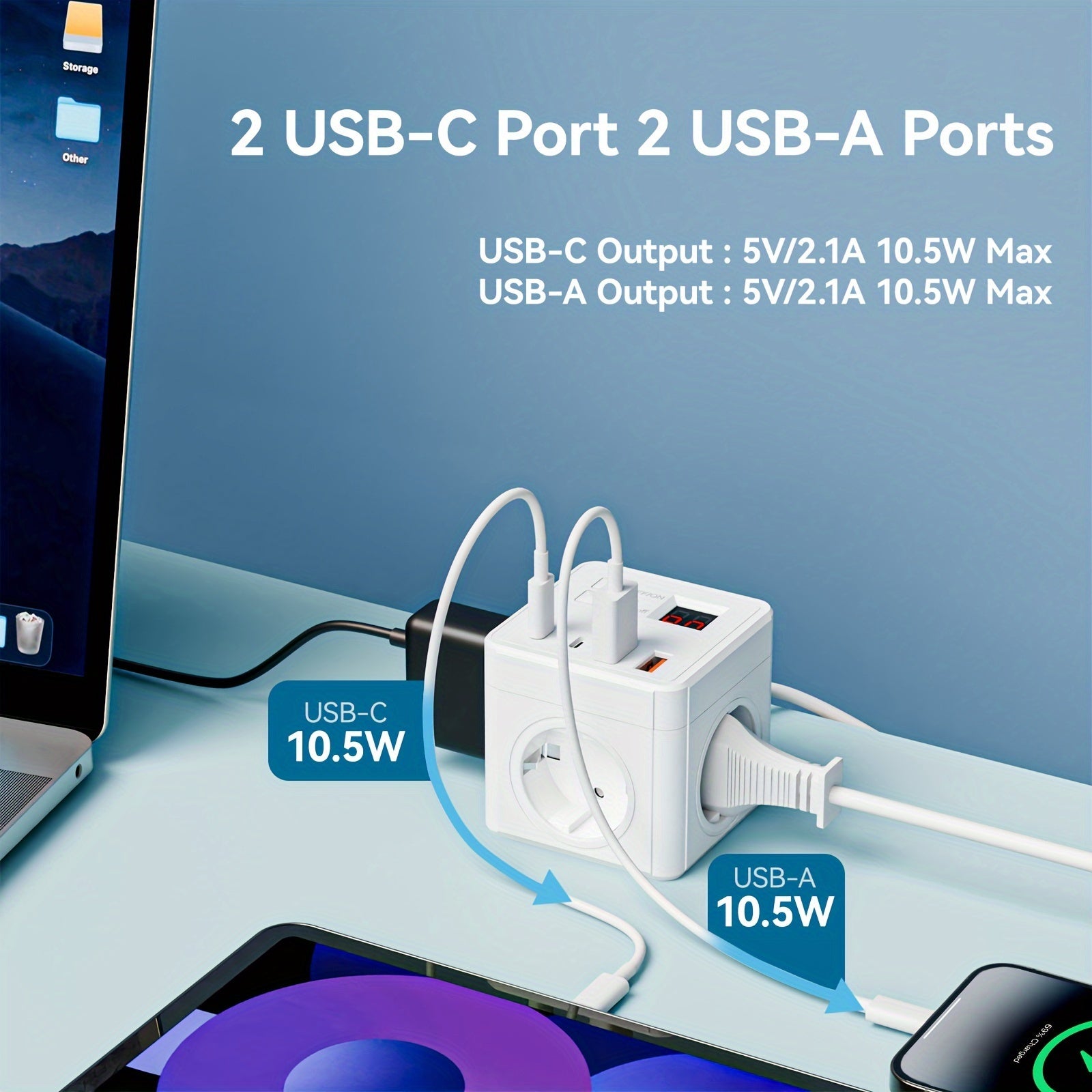 7 ta chiqishi, 2 ta USB porti va 2 ta Type-C zaryadlash stantsiyasi bilan Cube Power Strip