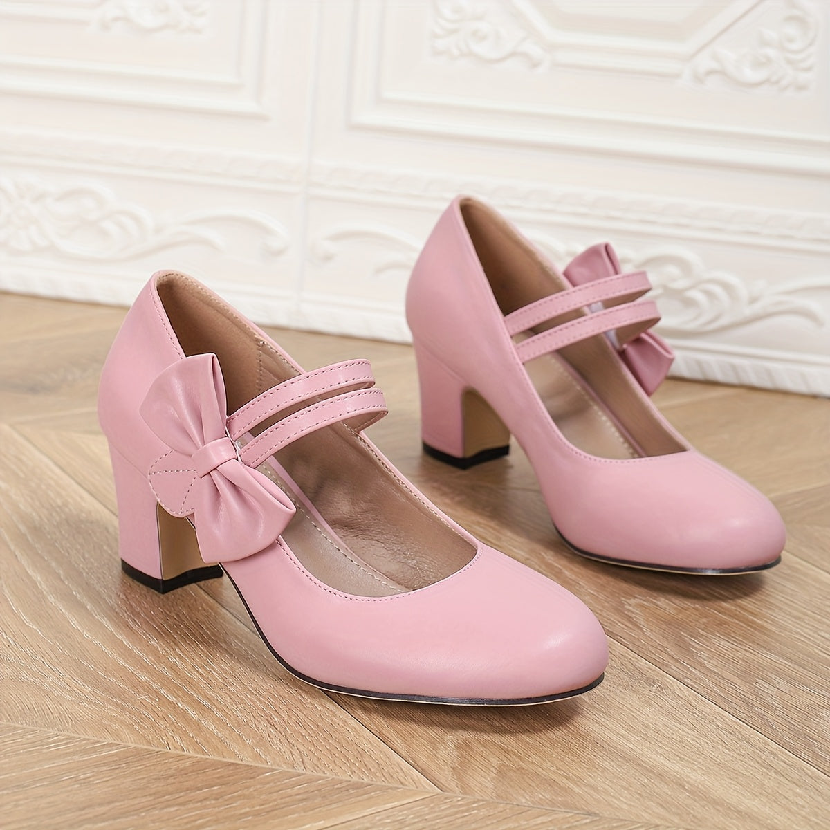 Women's Red Glossy PU Mary Jane Heels with Bow, Chunky Block, All-Season