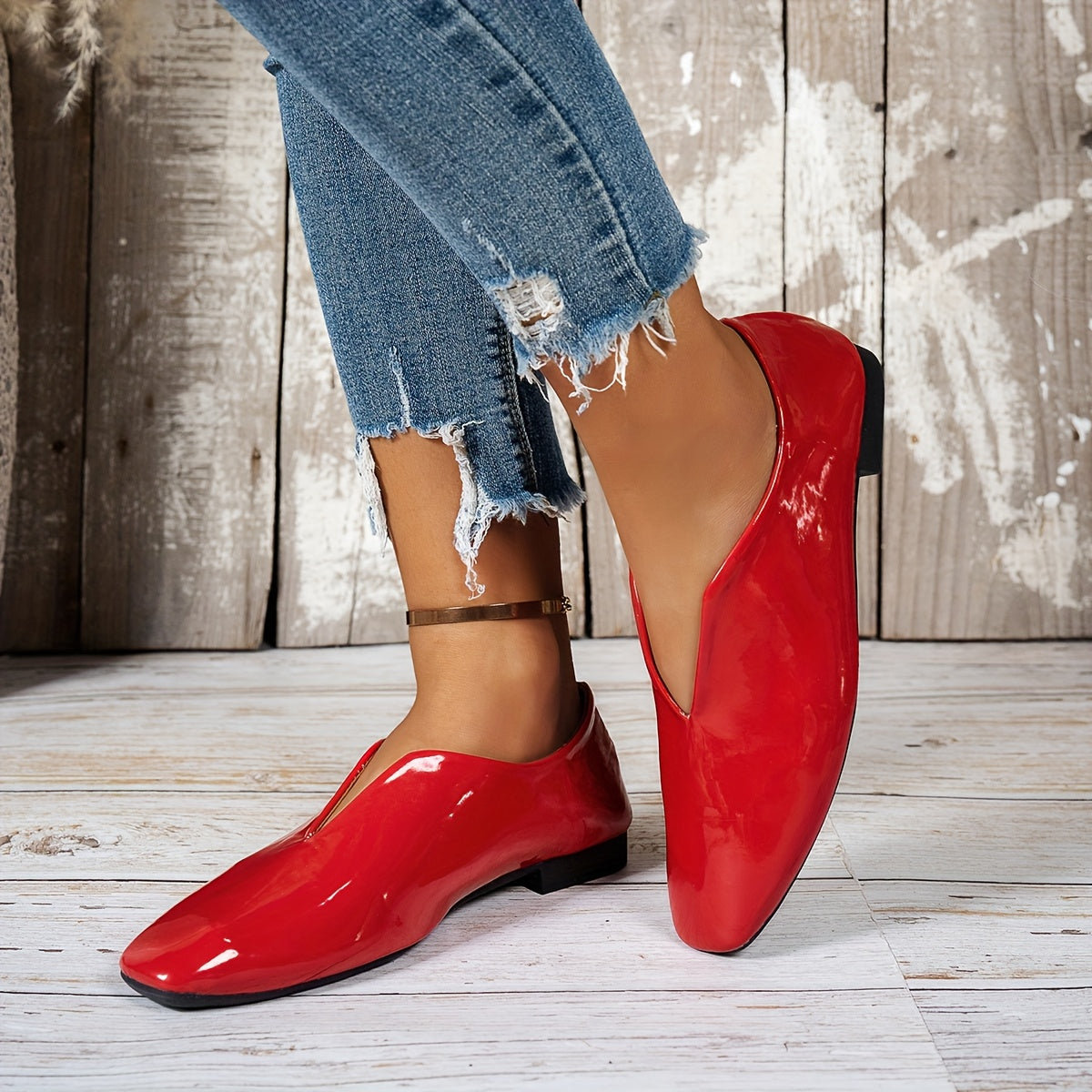 Women’s Red Mary Jane Flats Casual Slip-On Square Toe Shoes