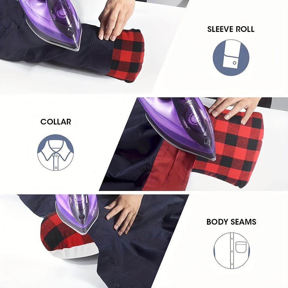 Набор из двух черно-красных клетчатых утюжков и валиков для профессиональной глажки и шитья, включающий валик для рукавов для точной глажки, изогнутую подушку для глажки плечевых накладок и портативный термостойкий утюжок для домашнего использования.