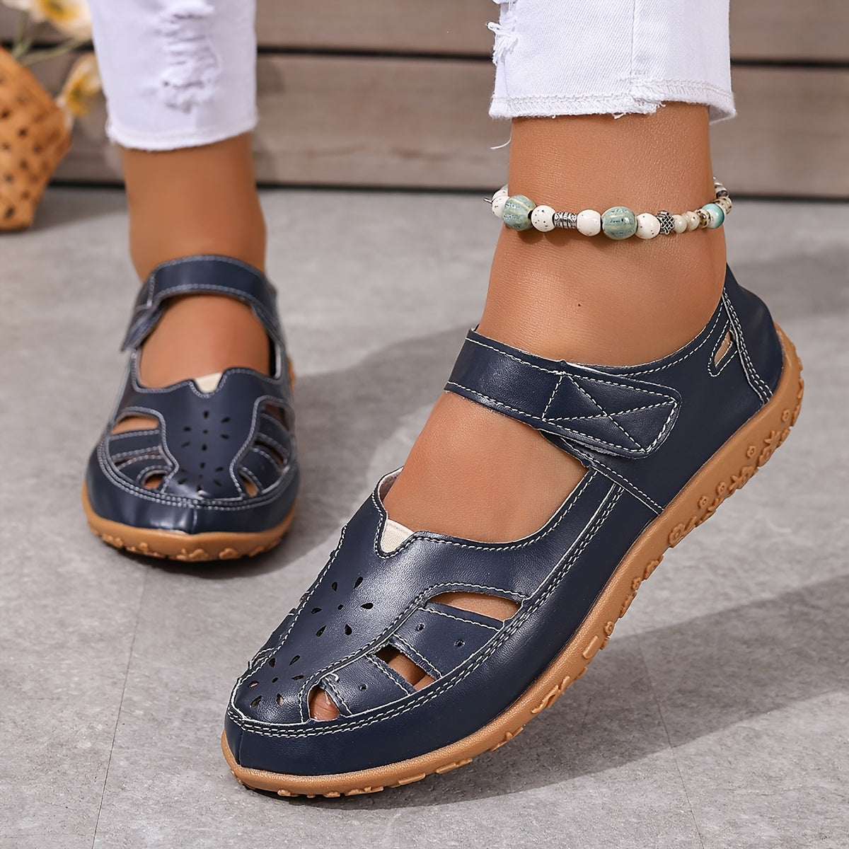 Women's Summer Flat Sandals White Microfiber Cap Toe Ankle Strap