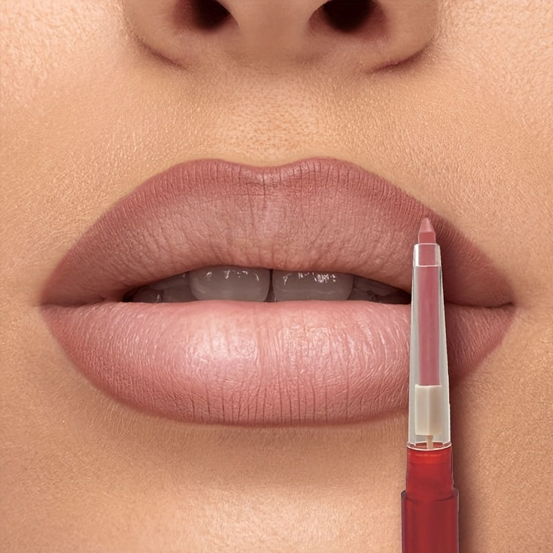 Lápiz de perfilador y barra de labios mate a prueba de agua y de larga duración para labios en tono nude rosa y púrpura, que también funciona como tinte de labios y barra de cera cosmética.