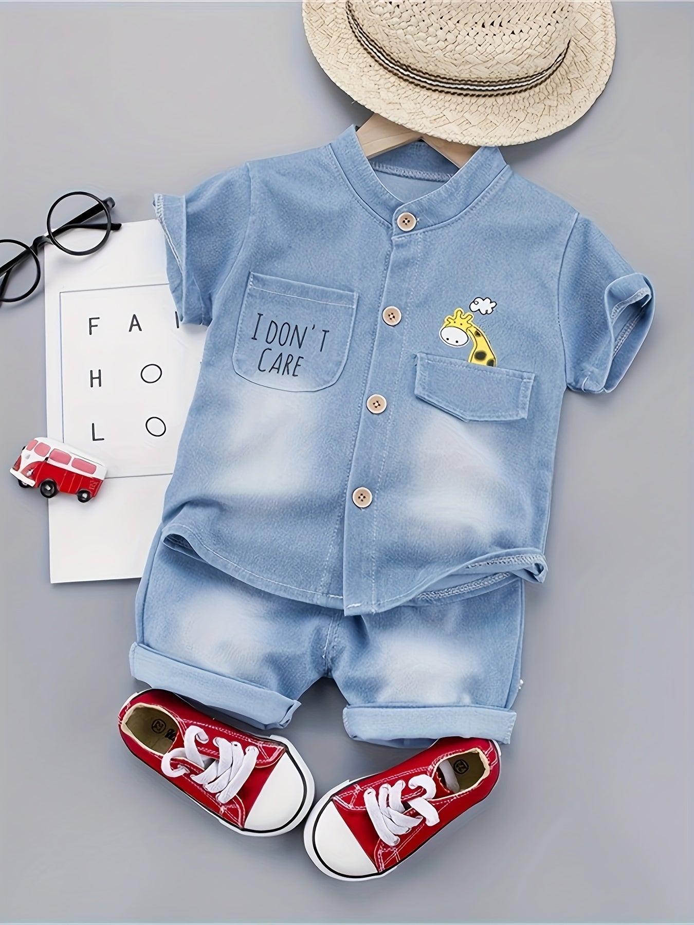 Baby Boys Summer Denim Outfit Short Sleeve Cartoon Animal Pattern Casual Party Wear
