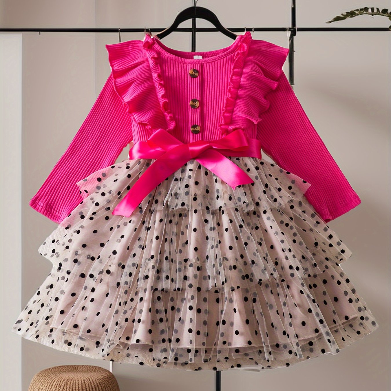 Girls Polka Dot Princess Dress with Mesh Layered Tutu for Fall Winter